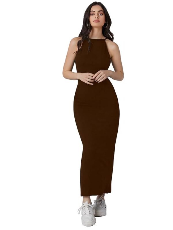 Brown Solid Halter Neck Solid Bodycon Midi Dress for Women