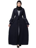 Navy Blue Dual Layer Abaya Dress with attached Shrug and Striped Inner Made with Nida Matte and Crepe Fabric