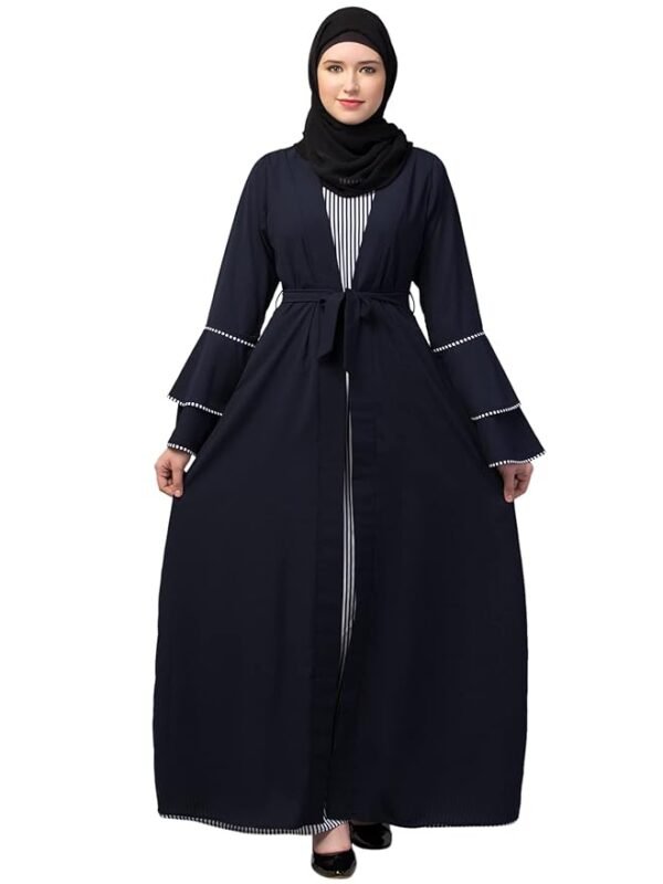 Navy Blue Dual Layer Abaya Dress with attached Shrug and Striped Inner Made with Nida Matte and Crepe Fabric