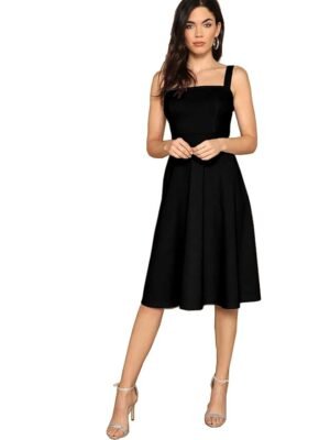 Women's Black Fit And Flare Midi Dress