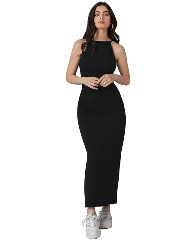 Black Solid Halter Neck Solid Bodycon Midi Dress for Women