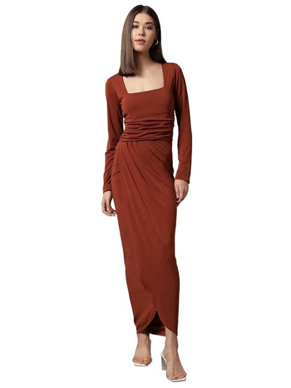 Women's Bodycon Midi Dress | Square Neck Wrap Style | Stretchable - Solid