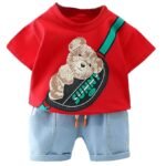 Boy's Red Cotton Printed T-shirt with Denim Shorts Set in Color