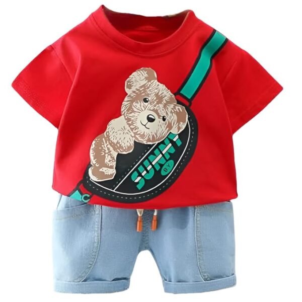 Boy's Red Cotton Printed T-shirt with Denim Shorts Set in Color