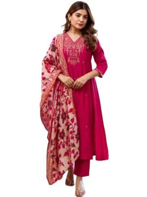 Women Embroidery Straight Kurta and Pant Set with Dupatta