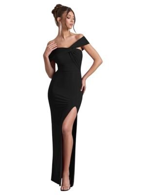 Black Off Shoulder Women Partywear Bodycon Dress with Slit on The Front
