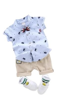 Kid Boy's Hosiery Cotton Blend Printed Cord Set with Mandarin Collar Short Sleeve Shirt and Side Pocket Elastic - Skye