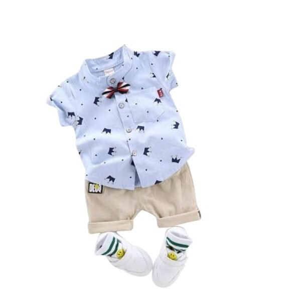 Kid Boy's Hosiery Cotton Blend Printed Cord Set with Mandarin Collar Short Sleeve Shirt and Side Pocket Elastic - Skye