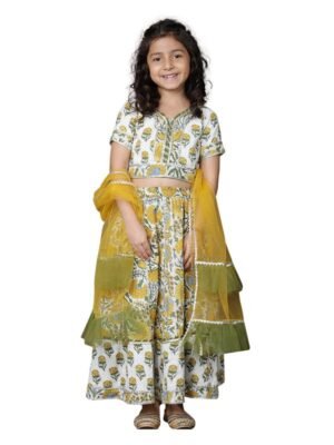 Girls Yellow Cotton Floral Printed Gotta Work 3/4 Sleeves Flared Design Kurti & Sharara Set