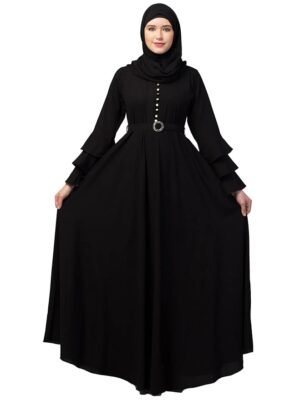 Black Umbrella Abaya with Adjustable belt and Fashionable buttons Bell Sleeves in Nida Matte Fabric