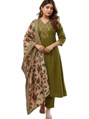Women Green Embroidery Straight Kurta and Pant Set with Dupatta