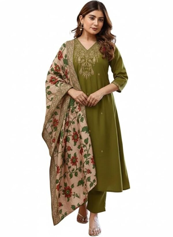 Women Green Embroidery Straight Kurta and Pant Set with Dupatta