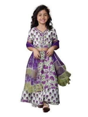 Girls Purple Cotton Floral Printed Gotta Work 3/4 Sleeves Flared Design Kurti & Sharara Set