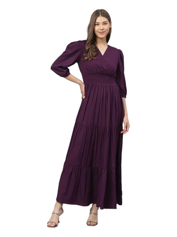 Women's Wine Fit and Flare Maxi Dress Rayon 3/4 Sleeve Solid V-Neck Evening Dress
