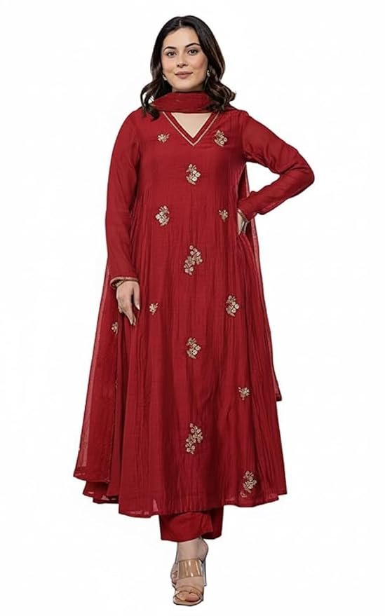 Women Red Embroidery Solid Anarkali Kurta and Pant Set with Dupatta