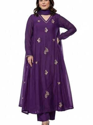 Women Purple Embroidery Solid Anarkali Kurta and Pant Set with Dupatta