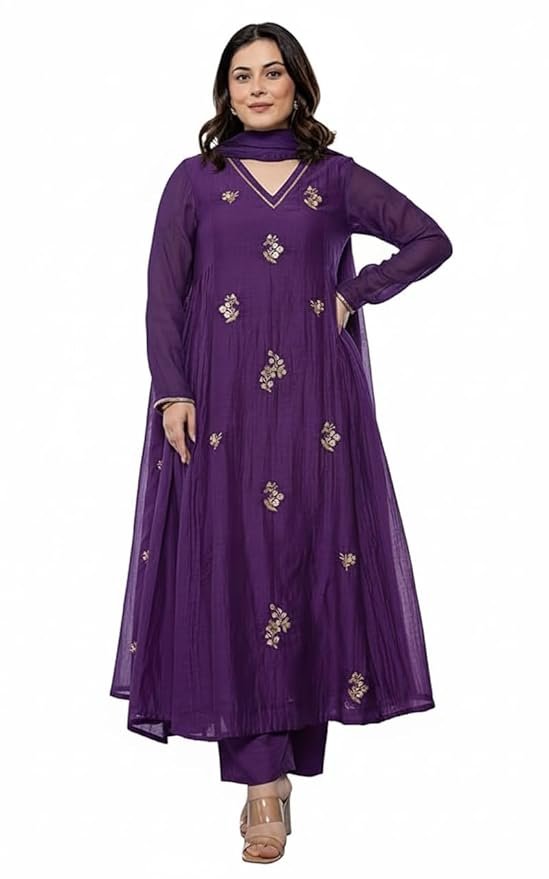 Women Purple Embroidery Solid Anarkali Kurta and Pant Set with Dupatta