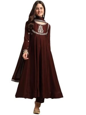 Women's Silk Anarkali & Pant with Dupatta Set(Coffee)