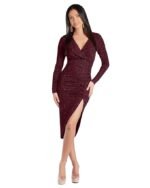 Maroon V-Neck Long Sleeve Lurex Glitter Solid Front Slit Front Ruched Seam Bodycon Above Knee Length Women Dress