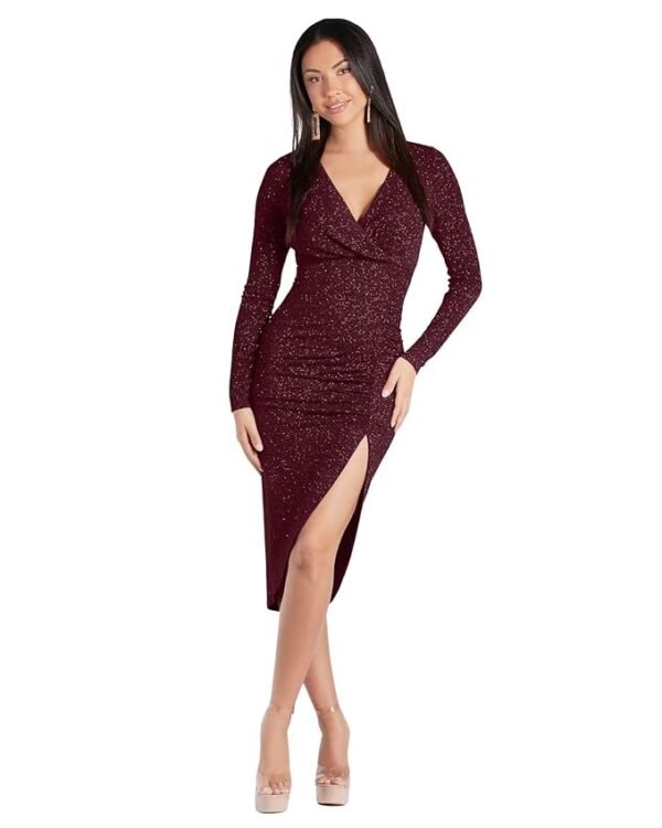 Maroon V-Neck Long Sleeve Lurex Glitter Solid Front Slit Front Ruched Seam Bodycon Above Knee Length Women Dress