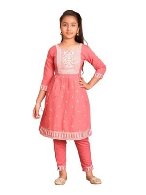 Girls Peach Ethnic Wear Colour Thread Embroidery Kurti Pant Set