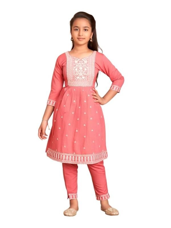 Girls Peach Ethnic Wear Colour Thread Embroidery Kurti Pant Set