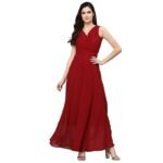 Maroon Flare Solid Pleated Neck Dress