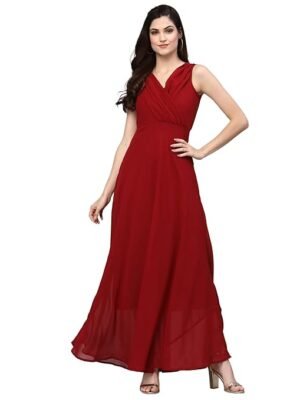 Maroon Flare Solid Pleated Neck Dress