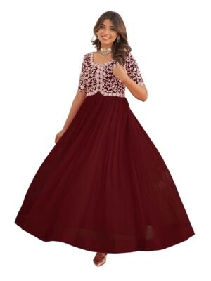 Georgette Embroidered Anarkali Gown for Women(Maroon)