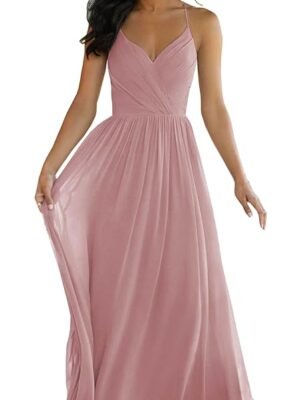 Women's V Neck Bridesmaid Dress Long for Wedding A-Line Chiffon Open Back Formal Gown with Pockets(Dusty Rose)