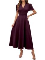 Women's Solid Color V-Neck A-Line Maxi Dress for Women | New Year Party Outfit | Waist Cinched Puff Sleeve Western Dress