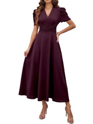 Women's Solid Color V-Neck A-Line Maxi Dress for Women | New Year Party Outfit | Waist Cinched Puff Sleeve Western Dress