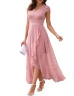 Women's Pink V-Neck Dress for Women Wedding Guest Hi-Lo Floral Lace Prom Cocktail Party Formal Bridesmaid Dress