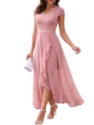 Women's Pink V-Neck Dress for Women Wedding Guest Hi-Lo Floral Lace Prom Cocktail Party Formal Bridesmaid Dress