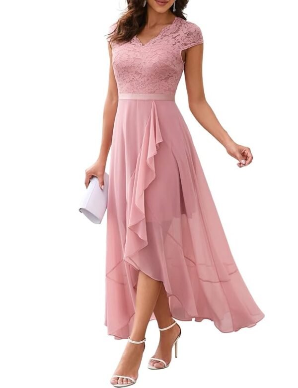 Women's Pink V-Neck Dress for Women Wedding Guest Hi-Lo Floral Lace Prom Cocktail Party Formal Bridesmaid Dress