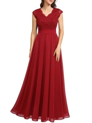 Women's Red V Neck Sleeveless Lace Bridesmaid Dress Wedding Party Gown