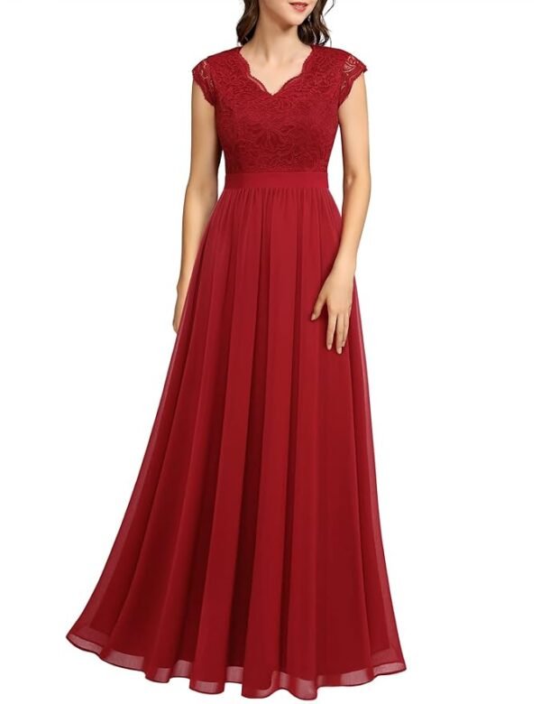 Women's Red V Neck Sleeveless Lace Bridesmaid Dress Wedding Party Gown