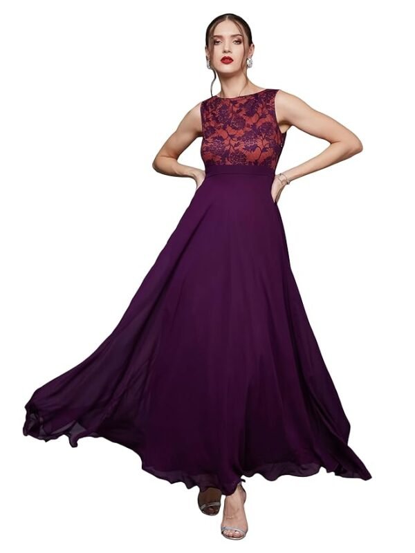 Women's Dark Purple Brick Red & Dusty Green Boat Neck Sleeveless Self Design Lace Overlaid Regular Dress