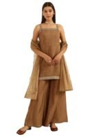 Women's Brown Viscose Chanderi Straight Kurta with Palazzo and Dupatta - Square Neck