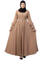 Khaki Umbrella Abaya with Adjustable belt and Fashionable buttons Bell Sleeves in Nida Matte Fabric
