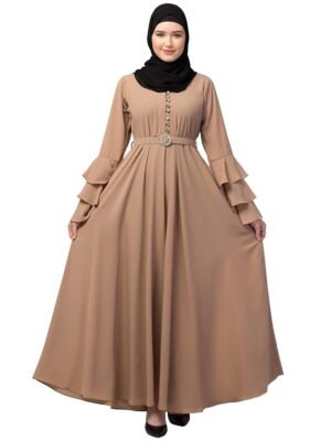 Khaki Umbrella Abaya with Adjustable belt and Fashionable buttons Bell Sleeves in Nida Matte Fabric