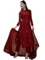 Maroon Pure Cotton Kurta Pant Set with Dupatta for Women | 3 Piece Gold Hand Block Printed Suit Set - High Neck