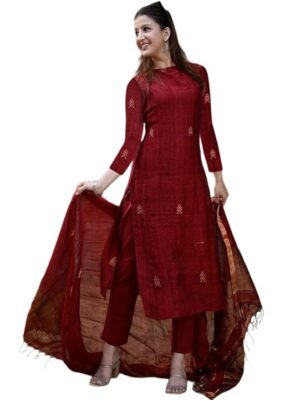 Maroon Pure Cotton Kurta Pant Set with Dupatta for Women | 3 Piece Gold Hand Block Printed Suit Set - High Neck