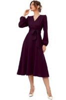 Women's Burgundy Polyester A-line V-Neck Bishop Sleeve Midi Belted Dress