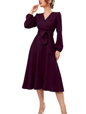 Women's Burgundy Polyester A-line V-Neck Bishop Sleeve Midi Belted Dress