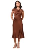 Women's Brown Cowl Neck Silk Blend Dress