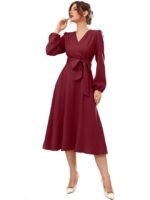 Women's Maroon Polyester A-line V-Neck Bishop Sleeve Midi Belted Dress