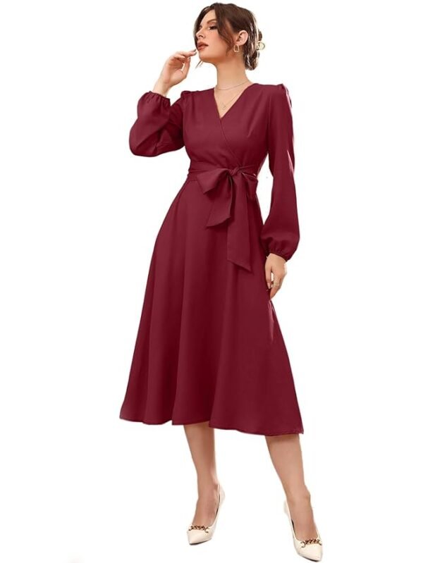 Women's Maroon Polyester A-line V-Neck Bishop Sleeve Midi Belted Dress