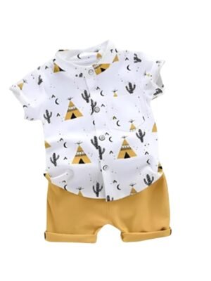 Kid Boy's Hosiery Cotton Blend Printed Cord Set with Mandarin Collar Short Sleeve Shirt and Side Pocket Elastic Waistband Closure