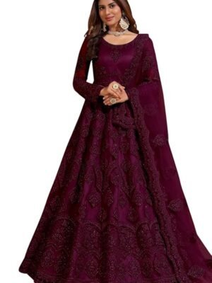 Women's Net Embroidered Semi-Stitched Gown - Embellished